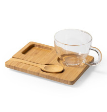Чашка с ложкой на  подставке MORKE 180мл,16,4х8х12,3 см, боросиликатное стекло, бамбук