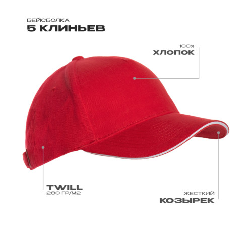 Бейсболка с кантом STAN 5 клиньев хлопок 280, 11K Красный 56-58/ONE SIZE
