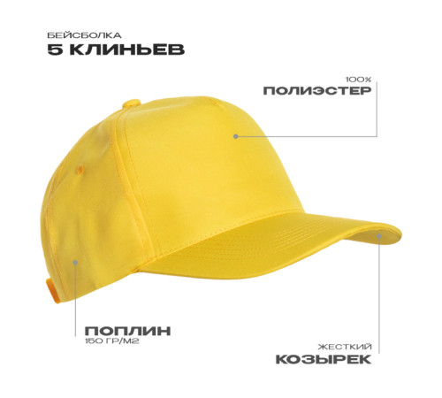 Бейсболка STAN 5 клиньев полиэстер 150, 10P Жёлтый 56-58/ONE SIZE