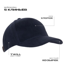 Бейсболка STAN 5 клиньев хлопок 280, 03, Тёмно-синий