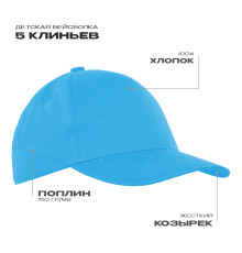 Детская бейсболка STAN 5 клиньев хлопок 150, 10J, Бирюзовый