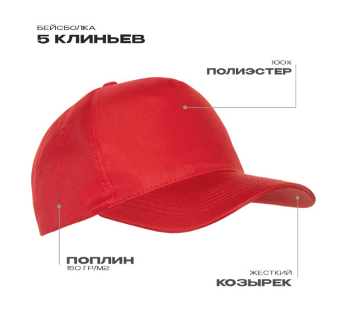 Бейсболка STAN 5 клиньев полиэстер 150, 10P Красный 56-58/ONE SIZE