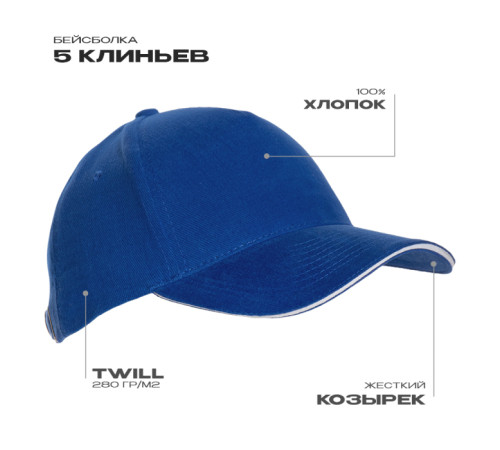 Бейсболка с кантом STAN 5 клиньев хлопок 280, 11K Синий 56-58/ONE SIZE