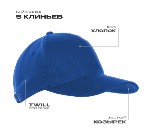 Бейсболка STAN 5 клиньев хлопок 330, 01 Синий 56-58