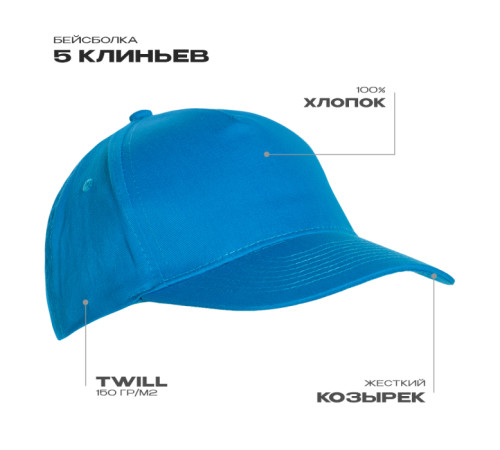 Бейсболка STAN 5 клиньев хлопок 150, 10L Лазурный 56-58/ONE SIZE
