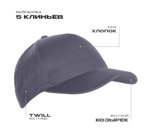 Бейсболка STAN 5 клиньев хлопок 150, 10L Графит 56-58/ONE SIZE