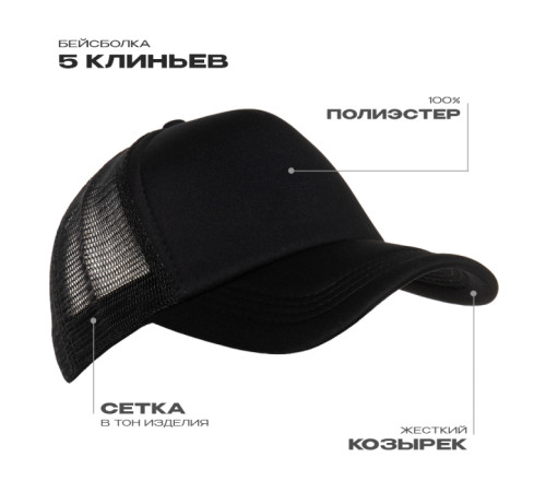 Бейсболка с сеткой STAN полиэстер, 33 Чёрный 56-58/ONE SIZE