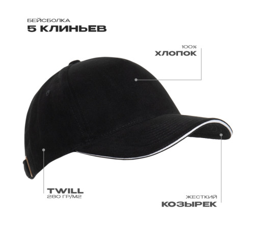 Бейсболка с кантом STAN 5 клиньев хлопок 280, 11K Чёрный 56-58/ONE SIZE