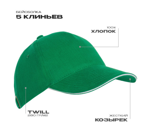 Бейсболка с кантом STAN 5 клиньев хлопок 280, 11K Зелёный 56-58/ONE SIZE