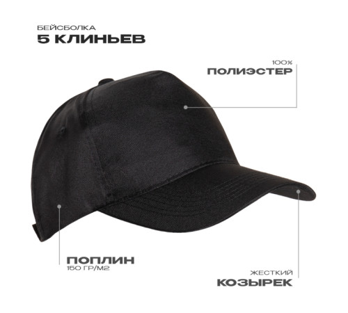 Бейсболка STAN 5 клиньев полиэстер 150, 10P Чёрный 56-58/ONE SIZE